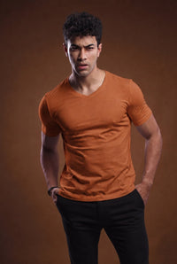 Camiseta Original Gola V Algodão Egípcio com Elastano Terracota - Be_cava